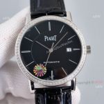 Asia 2824 Piaget Altiplano Black Dial Black Leather Strap Knockoff Watch With Diamond Bezel